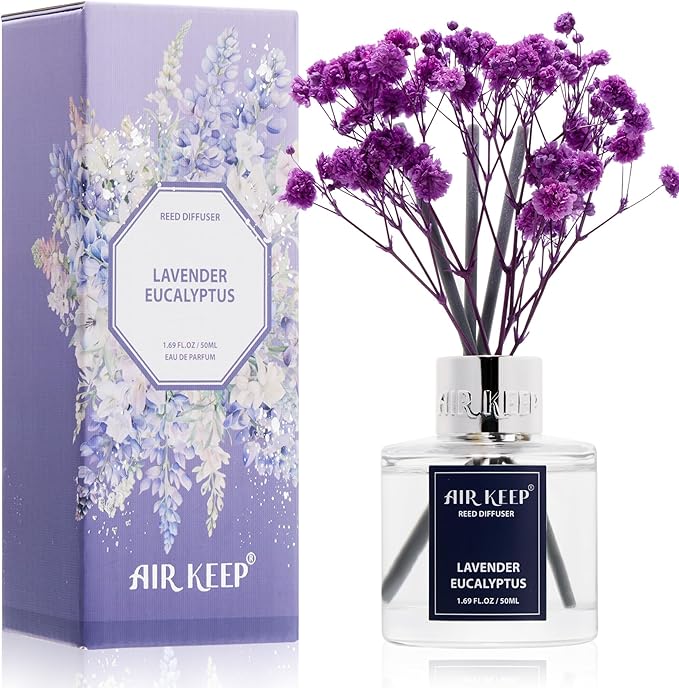 Airkeep Reed Diffuser Set,1.69 fl oz (50 ml) - Lavender Eucalyptus Oil Diffusers with 8 Reed Sticks,Home Fragrance Reed Diffuser for Bathroom Shelf Decor - Bloomnest