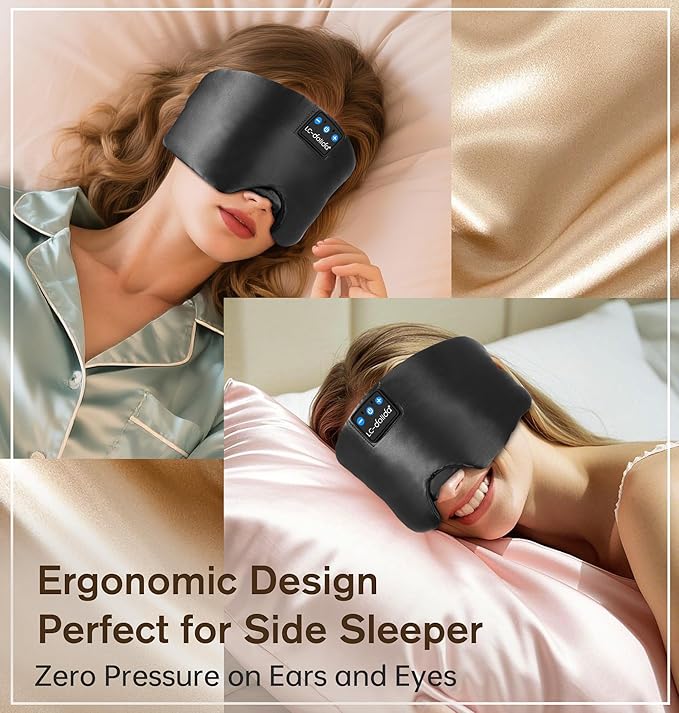 LC-dolida Luxurious Silk Soft Sleep Mask, Sleep Headphones with Bluetooth 5.4 for Side Sleeper, Total Blackout Eye Sleeping Mask for Women and Men, Ideal Gift for Restful Sleep, Travel(Black) - Bloomnest