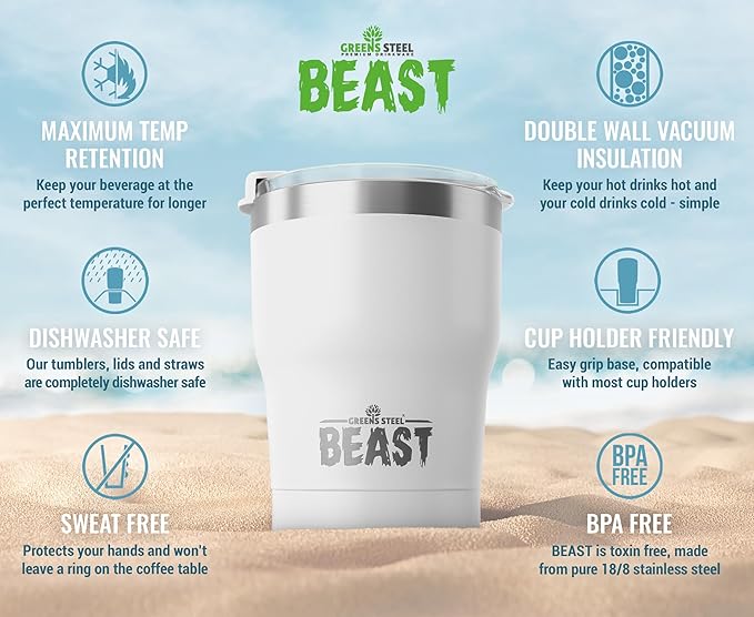 Beast 10 oz Tumbler Stainless Steel Vacuum Insulated Coffee Ice Cup Double Wall Travel Flask (Arctic White) - Bloomnest