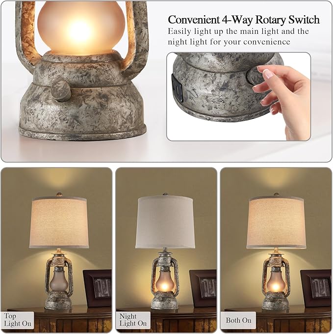 RORIANO Farmhouse Rustic Table Lamps for Living Room Set of 2, Vintage Lantern Table Lamp with Dual USB Ports, Retro Nightstand Lamp for Bedroom Bedside, 4 Bulbs Included (Iron Gray) - Bloomnest