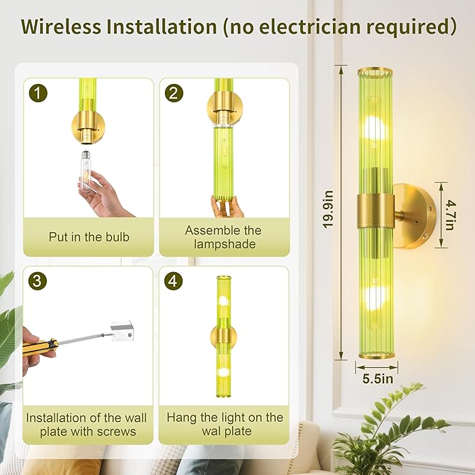 Gold Battery Operated Wall Sconces Set of 2, Rechargeable Wall Lights with Remote Control, 20 Inch Modern Wireless Wall Lamp for Bedroom, Living Room with Green Shade (Bulbs Included) - Bloomnest