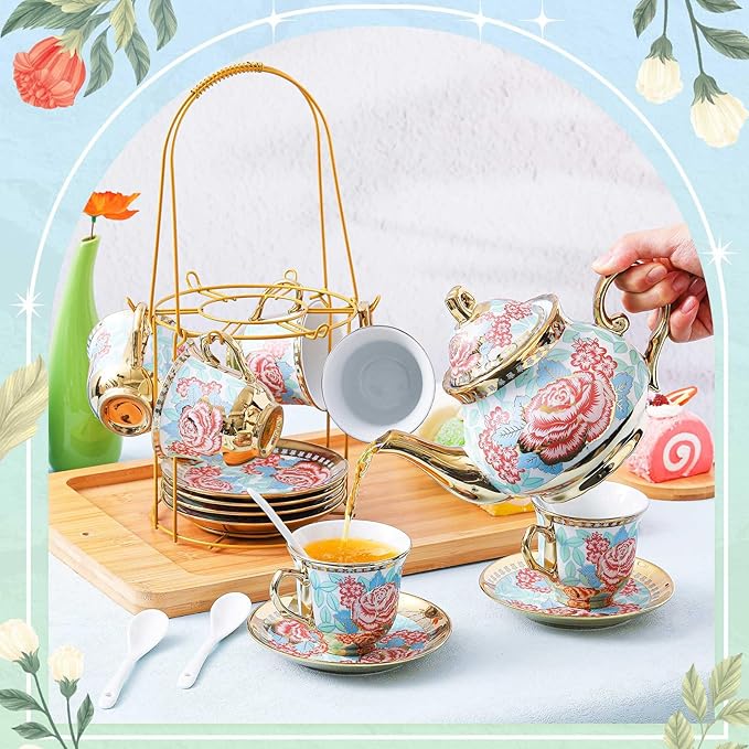 Zhehao 20 Pcs Porcelain Tea Set with Metal Holder and Spoon Adult Ceramic Tea Set European Flower Painting Teapot Cup Saucer Spoon for Women, Large Version(Vintage Style) - Bloomnest