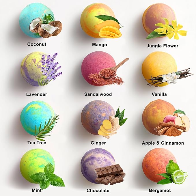 Luxury Bath Bombs for Men - Gift Set of 12 Large Bathbombs with Organic Essential Oils - Natural Vegan Soap for Moisturizing Fizzy Bubbles, Sandalwood