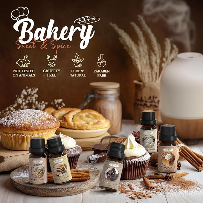 SALUBRITO Bakery Fragrance Oils Set, Premium Essential Oils Set for Candle, Soap Making, Diffuser - Pumpkin Pie, Chocolate Cupcake, Snickerdoodle, Gingerbread, Creamy Vanilla, Sugar Cookies - Bloomnest