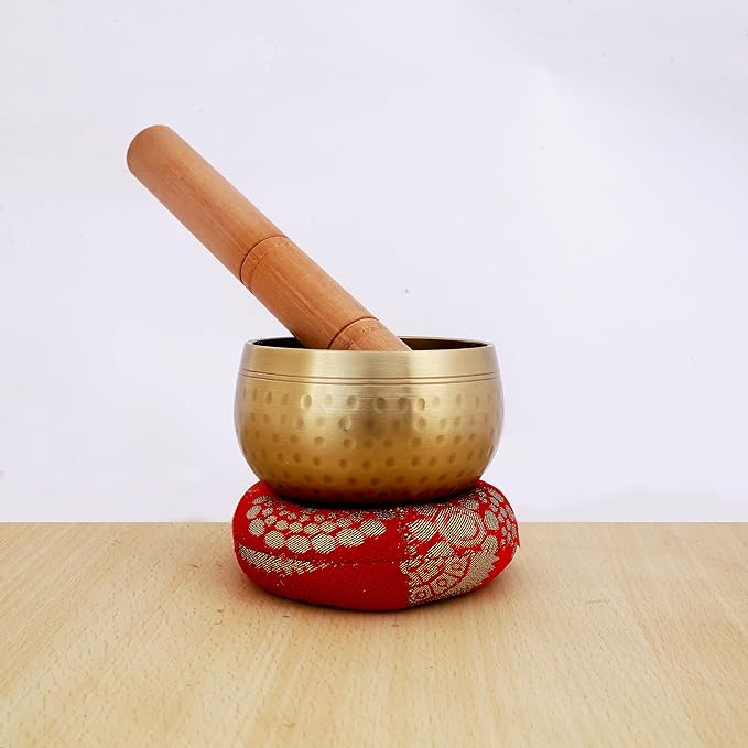 Indian Consigners Tibetan Singing Bowl Set – 3-Inch Hand-Hammered Brass Sound Bowl with Mallet & Silk Cushion – for Meditation, Yoga, Chakra Healing & Mindfulness VisitIndianConsigners