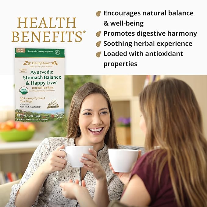 DelighTeas Ayurvedic Herbal Stomach & Liver Tea Bags | Eco-Friendly, Compostable Pyramids | Organic Milk Thistle, Fennel, Ginger, Peppermint & Licorice | Caffeine-Free, Kosher | 30 Tea Bags 4g Each - Bloomnest