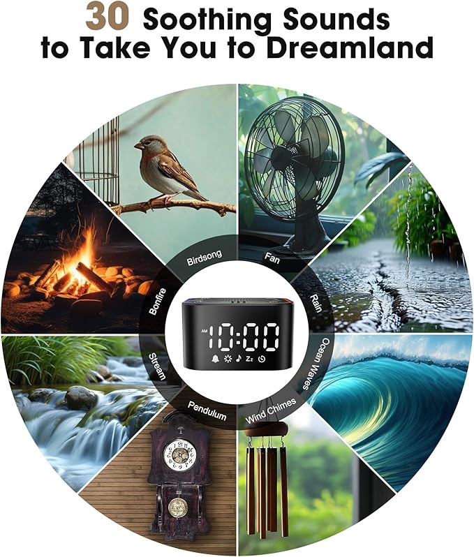 Alampan White Noise Sound Machine with Alarm Clock, 30 Soothing Sounds, Noise Machine for Sleeping, RGB Night Light, Digital Clock, Adults, for Bedside, Nightstand, Including Fan, Rain, Bird, Ocean - Bloomnest