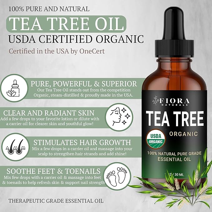 Tea Tree Oil – 100% Pure Organic Tea Tree Essential Oil for Skin, Face, Hair, Scalp, Nails, and Toenail – Therapeutic Grade Tree Tea Oil for Acne & Hair Growth – 1 fl oz - by Fiora Naturals - Bloomnest