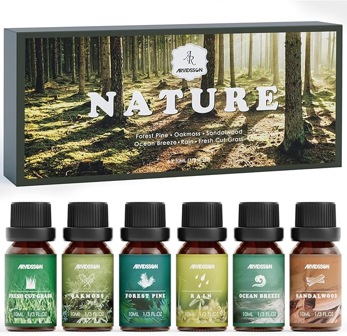 Nature Essential Oils Set, ARVIDSSON Natural Fragrance Oils for Candle Making, Fresh Cut Grass, Ocean Breeze, Rain, Pine, Sandalwood, Oakmoss, Diffuser Scented Oils - Bloomnest