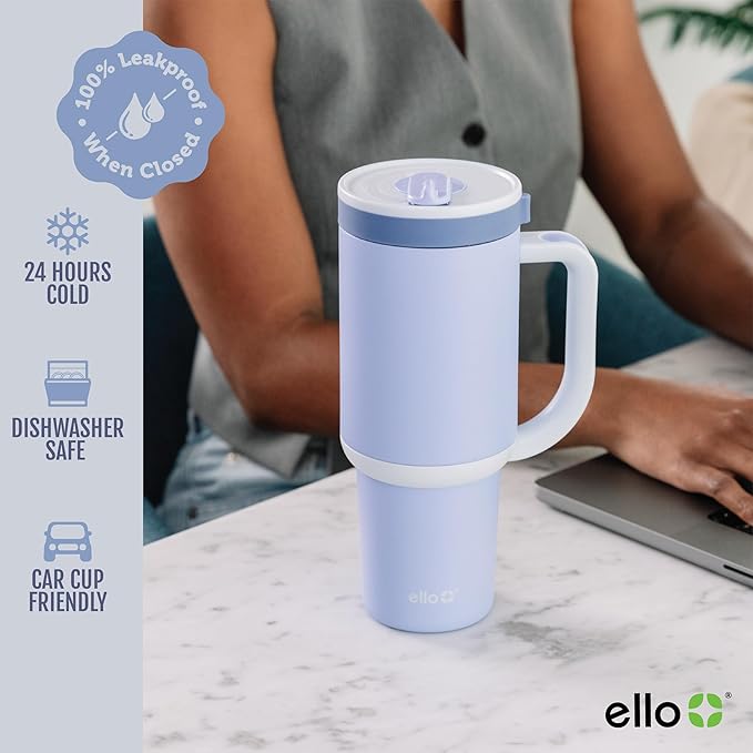 Ello Oasis 40 oz Tumbler with Handle & Retracting Straw | Reusable Insulated Stainless Steel Cup 100% Leakproof, Gifts for Teens Women Men | Keeps cold for 20 Hours, Cup Holder Friendly, Twilight - Bloomnest