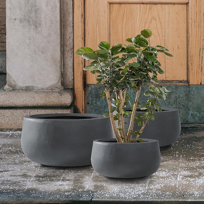 Kante 19.6",15.7",11.8" Dia Round Concrete Planters Set of 3, Outdoor Indoor Garden Plant Pots with Drainage Hole and Rubber Plug, Modern Curvaceous Design, Charcoal - Bloomnest