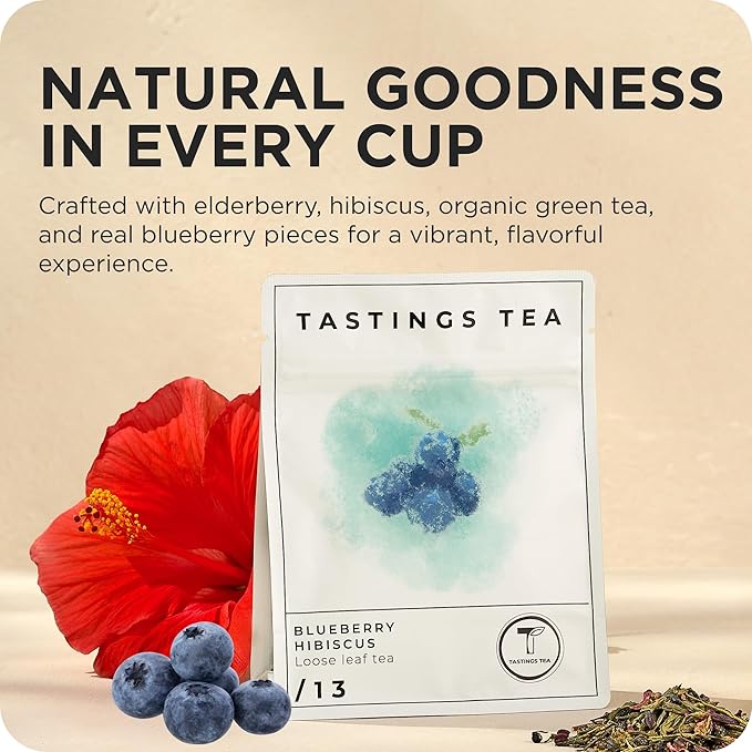 Tastings Tea Blueberry Hibiscus Loose Leaf Pouch 2.75 oz | Chinese Green Tea & Licorice Root with Elderberry, Spearmint & Natural Flavors | Light Caffeine | Tart & Fruity | Sustainably Sourced - Bloomnest