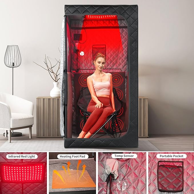 Infrared Sauna Box, Portable Infrared Sauna for Home, Personal Infrared Sauna with 660nm Red Light Threapy, Remote Control, Heating Foot Pad, Upgraded Comfortable Chair iDOTODO