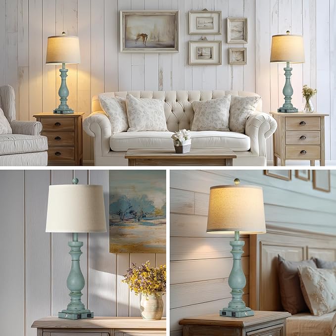 29" Tall Coastal Table Lamps Set of 2,Retro Blue Bedside Lamps with USB C+A Ports & AC Outlet,3-Way Dimmable Touch Lamp for Night Stands Living Room Bedroom,Blue - Bloomnest
