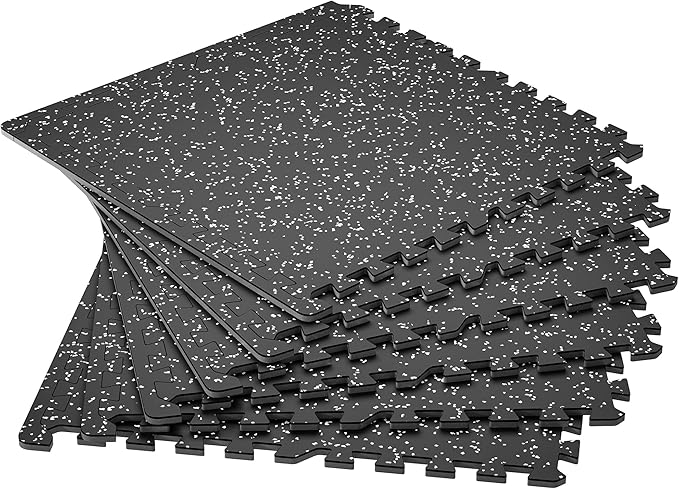 SUPERJARE 0.4'' Thick 6 Pcs 24 Sq Ft Rubber Top Exercise Equipment Mats, High Density EVA Foam Mats with Rubber Top, Interlocking Gym Flooring for Home Gym, Protective Workout Mat, Black/Grey - Bloomnest