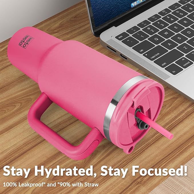 WETOWETO 40oz Tumbler with Handle | Insulated Stainless Steel Travel Mug | 34Hrs Cold & 10Hrs Hot Retention | 100% Leakproof Lid & Straw | Dishwasher Safe + Car Cup Holder Fit (Bright Pink) - Bloomnest