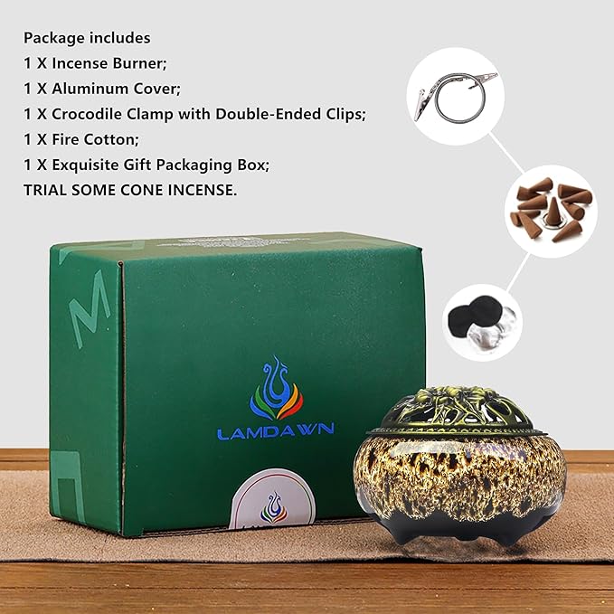 Incense Burner with Calabash Incense Stick Holder - Porcelain Charcoal Censer for Use with Resin Granular Powder Cone or Coil Incense (New Fambe Gray) - Bloomnest