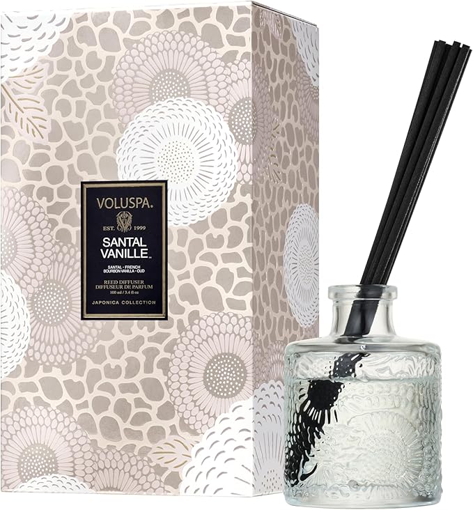 Voluspa Santal Vanille Scented Reed Diffuser, 3.4 oz, Luxury Santal Diffuser, Oil Reed Diffusers for Home, Handcrafted in the USA