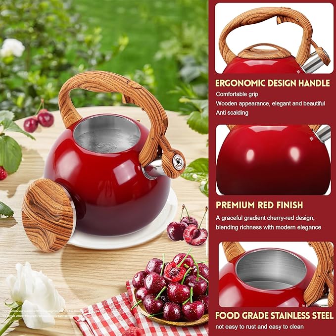 GGC Tea Kettle for Stove Top, 3.1QT/3L Whistling Tea Kettles for Boiling Water Coffee or Milk, Gradient Red Pot with Wood Parttern Handle, Stainless Steel Kettle Pot for Home and Kitchen - Bloomnest