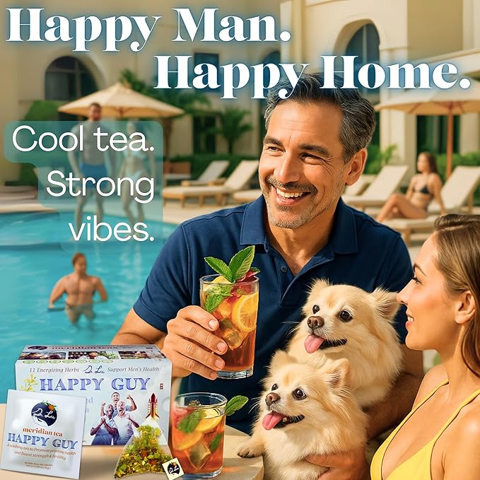 Dr. Lu’s Happy Tea for Guy | 100% Natural Energy Tea for Men | Supports Prostate, Vitality & Fertility | 11-Herb Blend with Maca, Corn Silk & Hibiscus in Corn Fiber Tea Bags Made in USA - Bloomnest