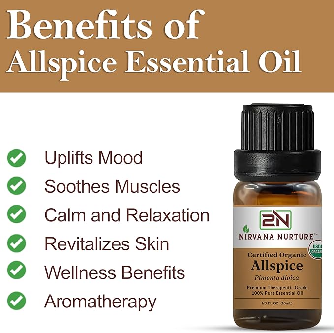 Allspice Essential Oil, USDA Certified Organic, 100% Pure Undiluted, Aromatherapy Oil for Diffuser, Hair & Skin Care NirvanaNurture