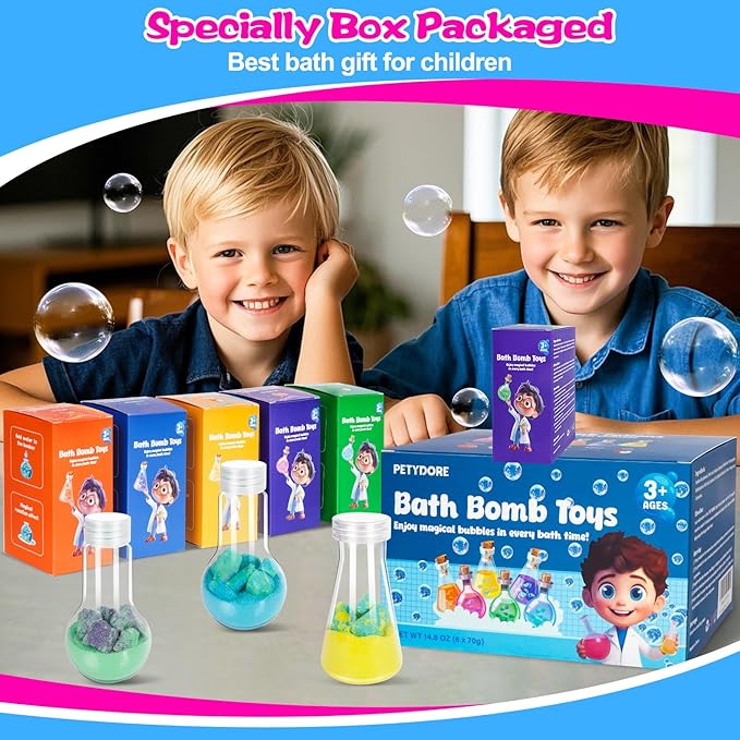 Bath Bomb Potion for Toddlers & Kids, 6-Pack Non-Toxic - Colorful Fizzy Fun - Interactive Bubble Bath Toy, Fun Science Bath Toys with a Colorful Foams & Bubbles Eruption - Bloomnest