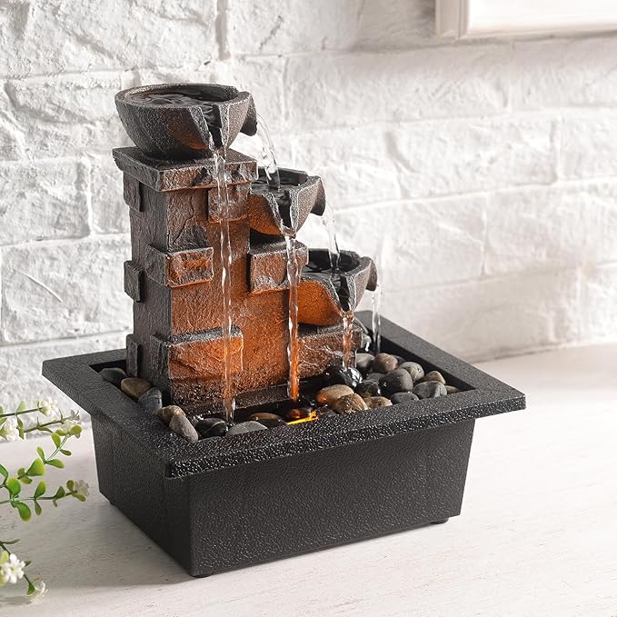 GOSSI Home Décor Imitation 3-Tier Stone Wall Tabletop Fountain Many Natural River Rock Office Relaxing Desktop Zen Waterfall Meditation Tabletop Fountain LED Lights Fountain Christmas Decorations - Bloomnest