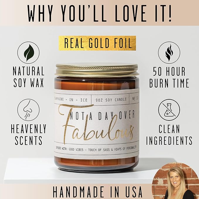 Birthday Gifts for Women Friendship -'Not a Day Over Fabulous' Soy Candle, w/Champagne on Ice I 40th 50th 60th 70th Happy Birthday Gifts for Mom, Grandma, Sister, Coworker, Aunt, Wife I Made in USA - Bloomnest