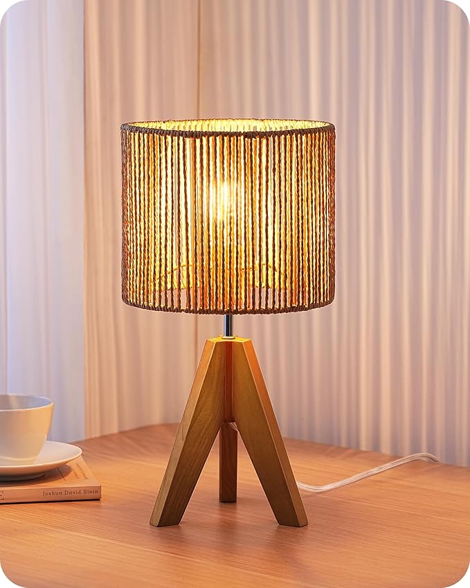 EDISHINE Small Rattan Table Lamp, Wood Tripod Bedside Lamp, Boho Nightstand Lamp for Living Room, End Table, Office, E26 Base, Natural Style - Bloomnest
