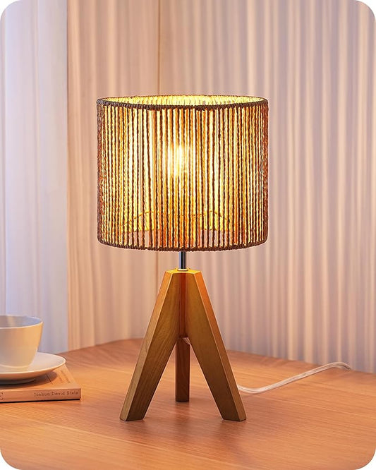 EDISHINE Small Rattan Table Lamp, Wood Tripod Bedside Lamp, Boho Nightstand Lamp for Living Room, End Table, Office, E26 Base, Natural Style - Bloomnest