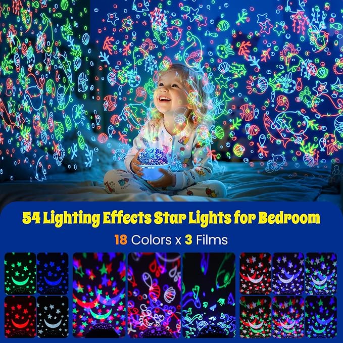 Night Light Projector, Night Light for Kids, Star Projector, 54 Light Color 360 Degree Rotation Kids Night light, Rechargeable Lamp for Bedroom, Light Projector Birthday Christmas Gifts for Boys Girls - Bloomnest