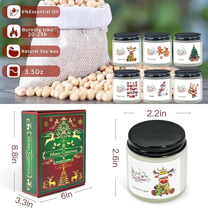 Christmas Scented Candles for Home, 6 Pack Soy Set, 21 oz Jar, Perfect Gifts for Women/Coworker/Girlfriend/Friends - Bloomnest