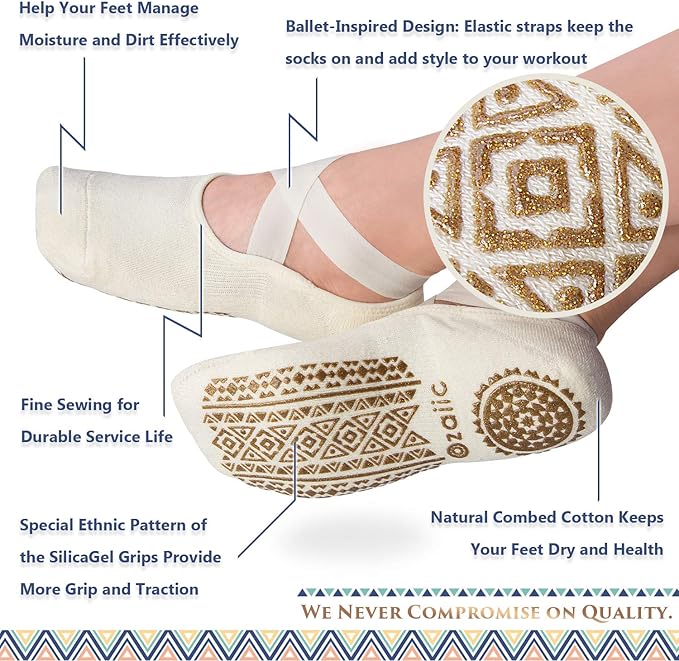 Ozaiic Pilates Socks for Women Non Slip Grip, Yoga Socks with Grippers for Barre, Hospital, Ballet, Dance, Barefoot Workout - Bloomnest