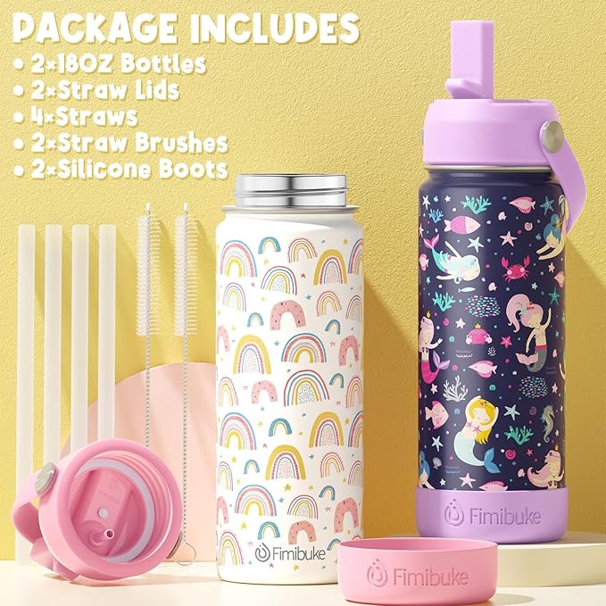 Fimibuke Kids Insulated Water Bottle, 18oz BPA FREE Kid Cup with Straw Double Wall Vacuum Tumbler 18/8 Stainless Steel Leak Proof Toddler Water Bottle for School Boys Girls (2 Pack, Unicorn/Dinosaur) - Bloomnest