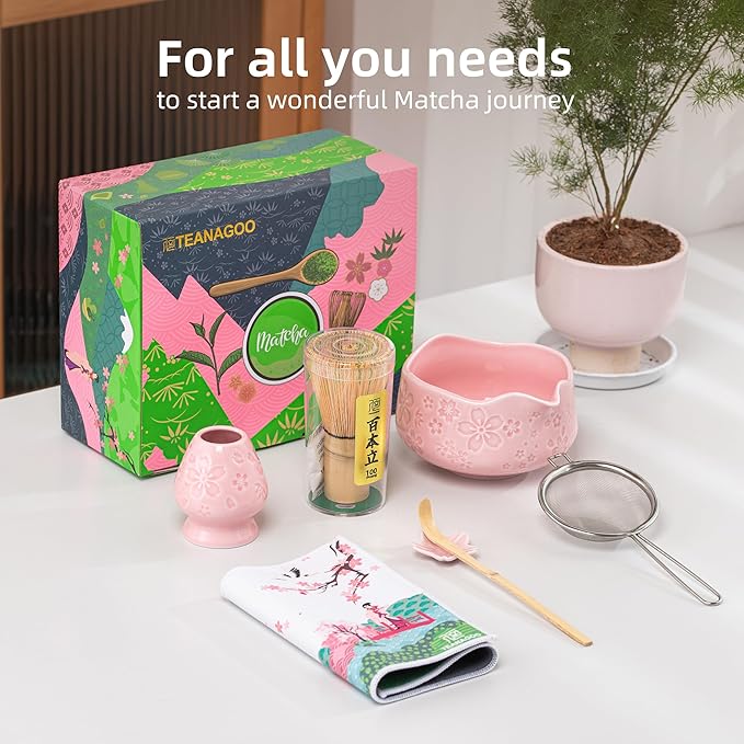 TEANAGOO 7-PCS Pink Matcha Whisk Set with Cherry Blossom Design, Complete Ceremony Kit, Ceramic Chawan Bowl with Spout, Whisk & Accessories, Traditional Matcha Tea Set for Lattes& Gift Giving - Bloomnest