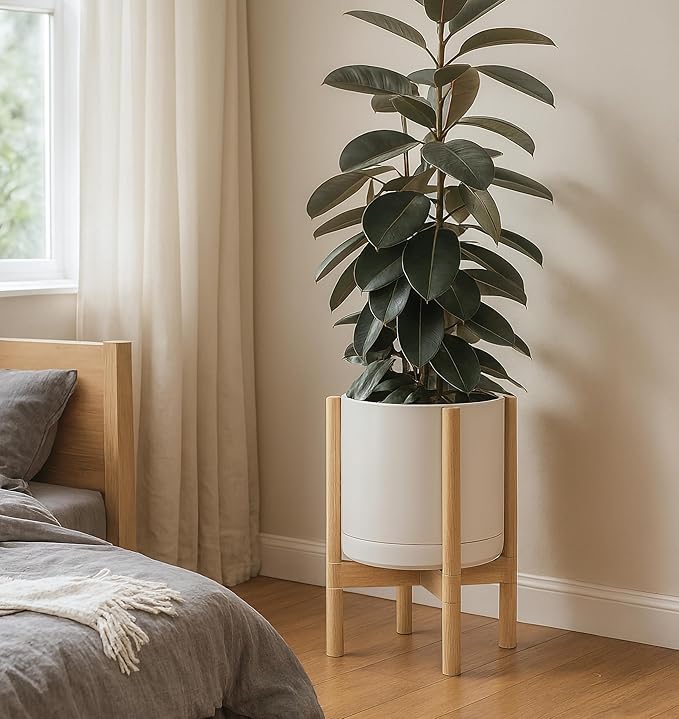 D'vine Dev Ceramic Planter with Natural Stand - 12 Inch Modern Round Flower Pot with Wood Planter Holder, Oatmeal, 55-B-J-8 - Bloomnest