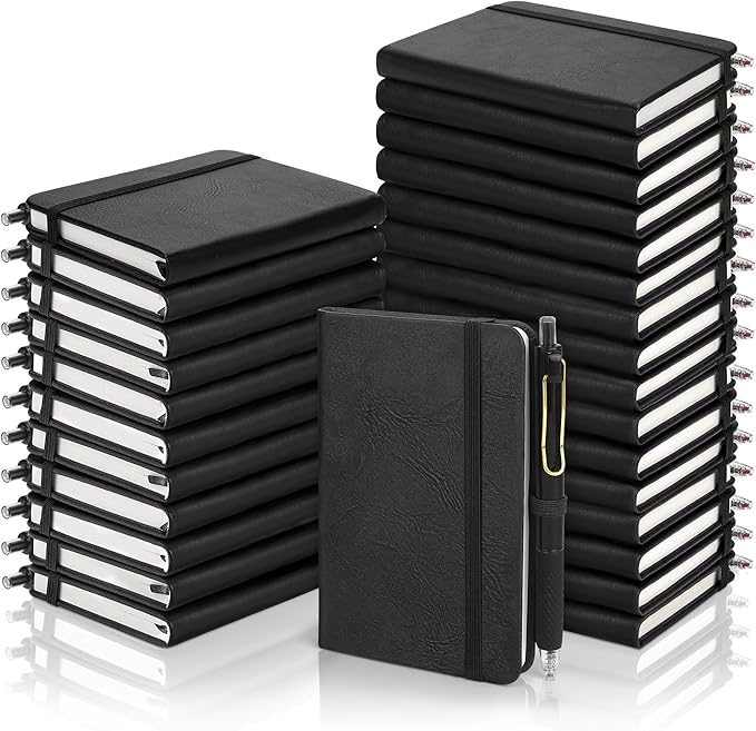 Aodaer 50 Sets Pocket Notebook Journal with Pens, 160 Pages, 3.5 x 5.5 Inch Mini Lined Journal Notebook A6 Leather Hardcover College Ruled Notepad with Pen Holder for School Office Gifts, Black - Bloomnest