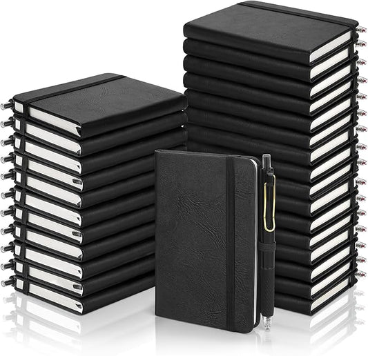 Aodaer 50 Sets Pocket Notebook Journal with Pens, 160 Pages, 3.5 x 5.5 Inch Mini Lined Journal Notebook A6 Leather Hardcover College Ruled Notepad with Pen Holder for School Office Gifts, Black - Bloomnest