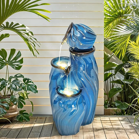 29" Ceramic Outdoor Fountain with Lights, 4-Tier Pots Waterfalls Patio Water Fountain, Tranquil Oasis for Relaxing Garden, Yard, or Porch Decor, Turquoise, Dynamic Wave-Texture - Bloomnest