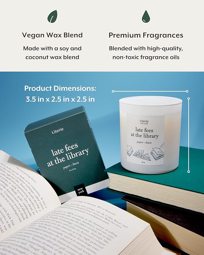 Literie NYC Inspired Scented Candle: Late Fees at The Library - Paper & Linen Scent, 9oz, 50 Hour Burn, Vegan Soy & Coconut Blend Candle for Home Decor, Gift for Women & Men - Bloomnest