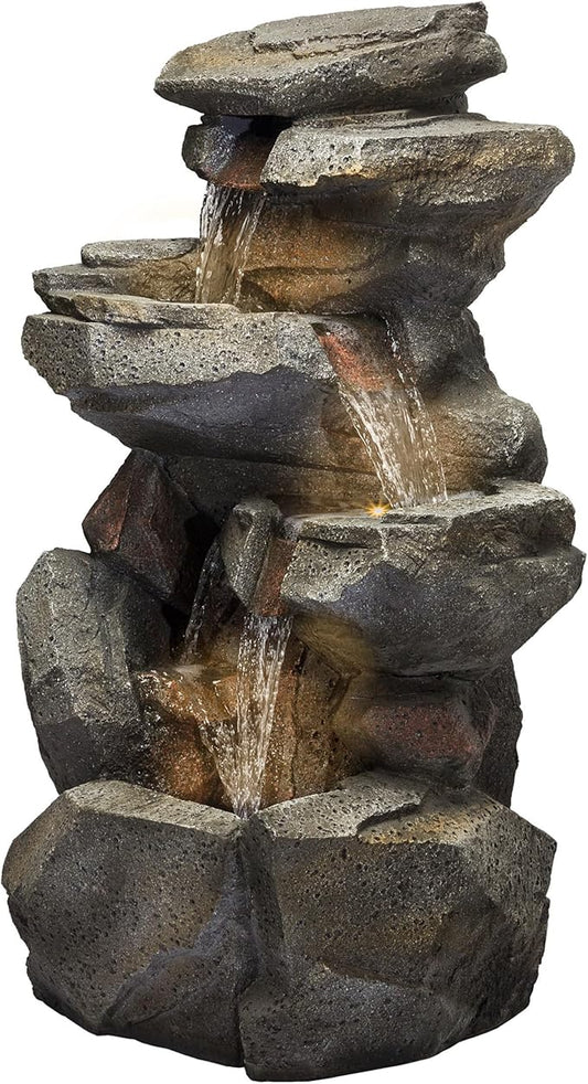 Alpine Corporation WIN1184 40" 3-Tier Outdoor Rock Waterfall Floor Fountain with Color-Changing LED Lights, Cascading Water Feature for Gardens, Patios, and Yards, Gray - Bloomnest