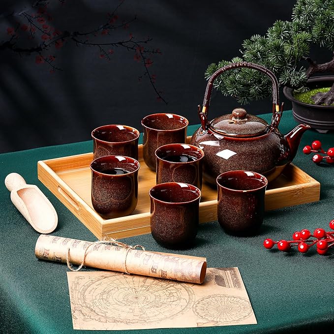 Layhit Japanese Asian Tea Set for Adults with 1 Teapot 6 Cups 1 Tray Traditional Portable Japanese Kiln Altered Glaze Porcelain Tea Set for Women Mother's Day Gifts(Brown) - Bloomnest