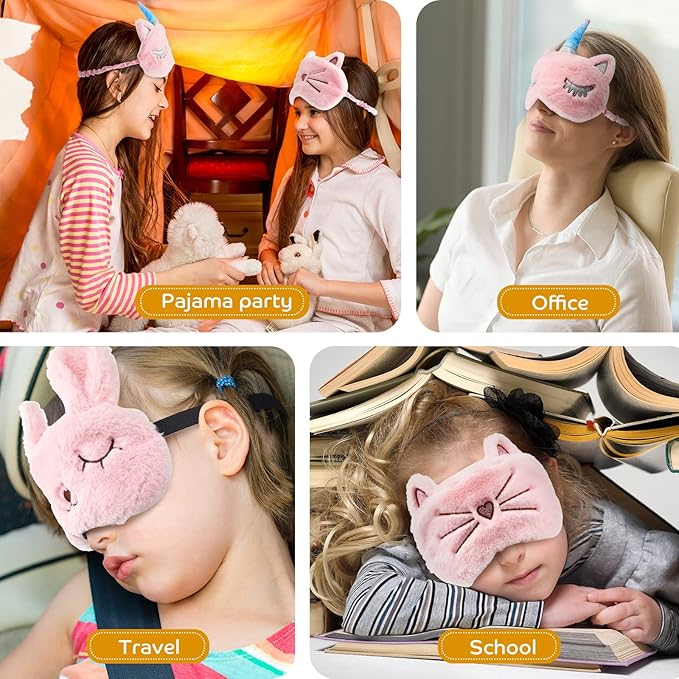 3 Pieces Sleep Mask for Kids, Girls Plush Sleeping Eye Cover Soft Eye Blindfold Cover Animal Shade for Kids(Pink,Bunny, Cat and Unicorn Style) - Bloomnest