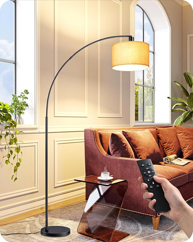 EDISHINE 78.3″ Modern Arc Floor Lamp with Remote, Tall Black Standing Lamp with Stepless Dimmable Bulb & 5 Color Temperature, Curved Mid Century Floor Lamps for Living Room, Bedroom, Nursey - Bloomnest
