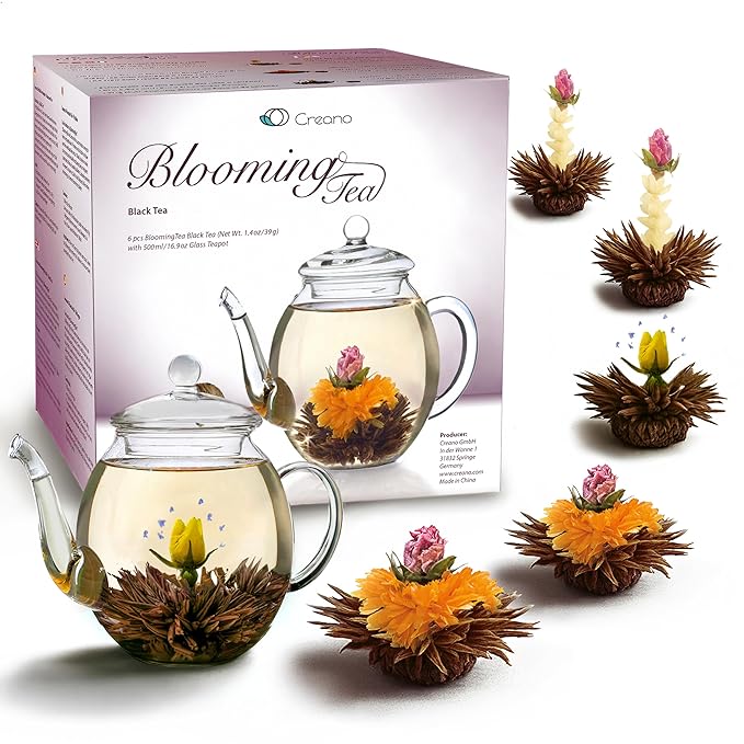 Creano Flowering Tea – Flower Tea Ball Gift set with 17oz Glass Teapot - Black tea - Bloomnest