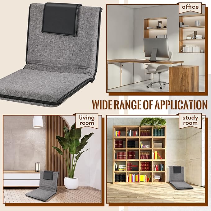 2 Pcs Adjustable Floor Chair with Back Support, Padded Seat, Portable, Meditation Cushion, Fully Folding Backrest for Adult, Kid, Gaming - Linen Washable Cover, Nylon Bottom (Gray, Black) - Bloomnest