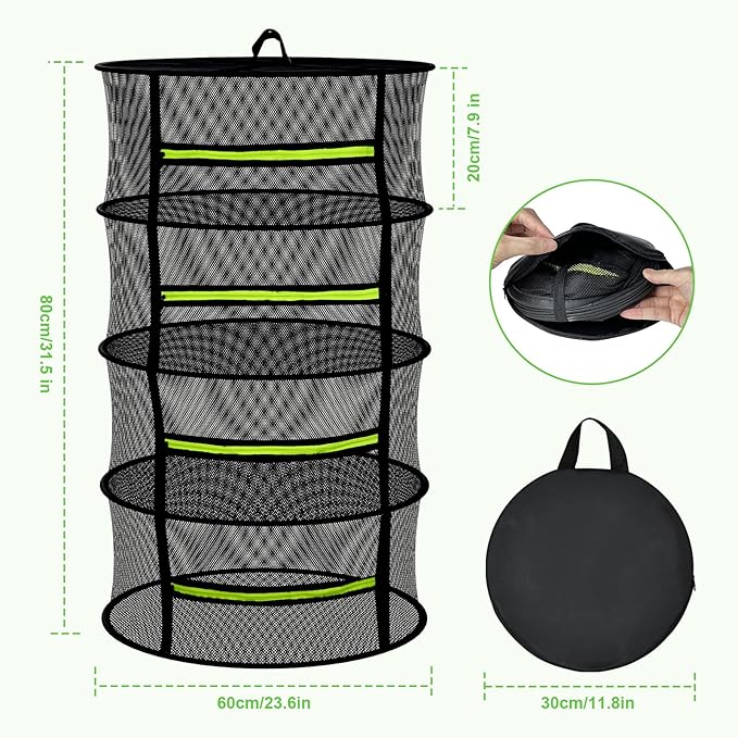 4 Layer Herb Drying Rack Hanging, Plant Drying Rack, Bud Drying Net,Foldable Hanging Dry Rack Net with Green Zipper, Garden Shears & Hooks, for Herbs, Seeds Indoor/Outdoor (23.62") - Bloomnest