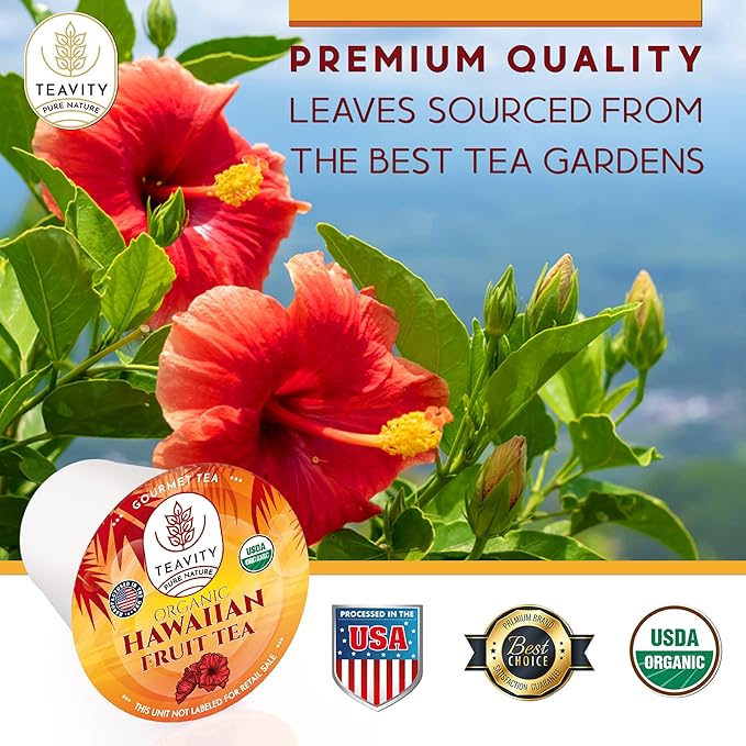 Organic Hibiscus Sabdariffa Tea Pods with Peach, Mango, & Passionfruit - Naturally Decaf Tea - Hawaiian Fruit Tea by Teavity (24 Tea Pods) - Bloomnest