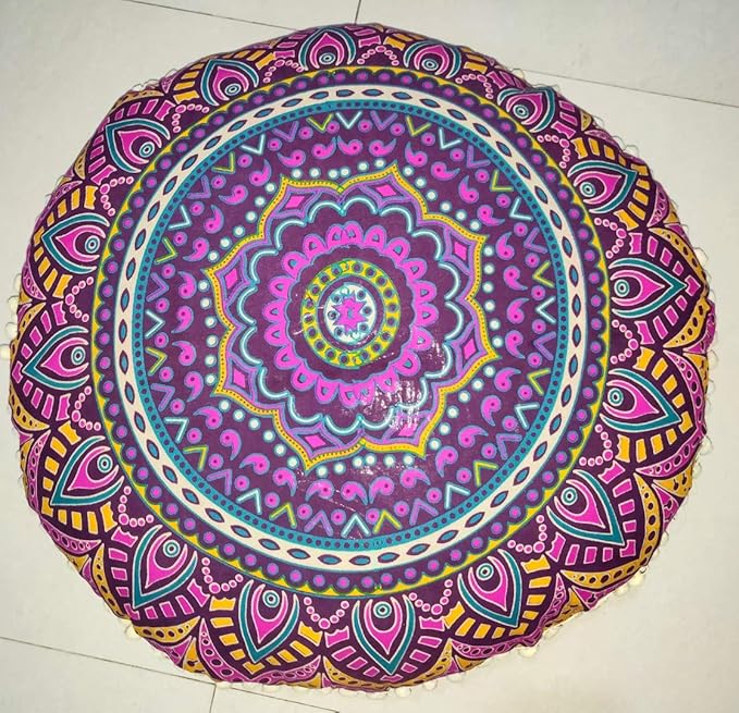 INDIAN CRAFT CASTLE New Pink Ombre 24" Mandala Barmeri Large Floor Pillow Cover Cushion Meditation Seating Ottoman Throw Cover Hippie Decorative Zipped Bohemian Pouf Ottoman Pom Pom Cases 24" Round - Bloomnest