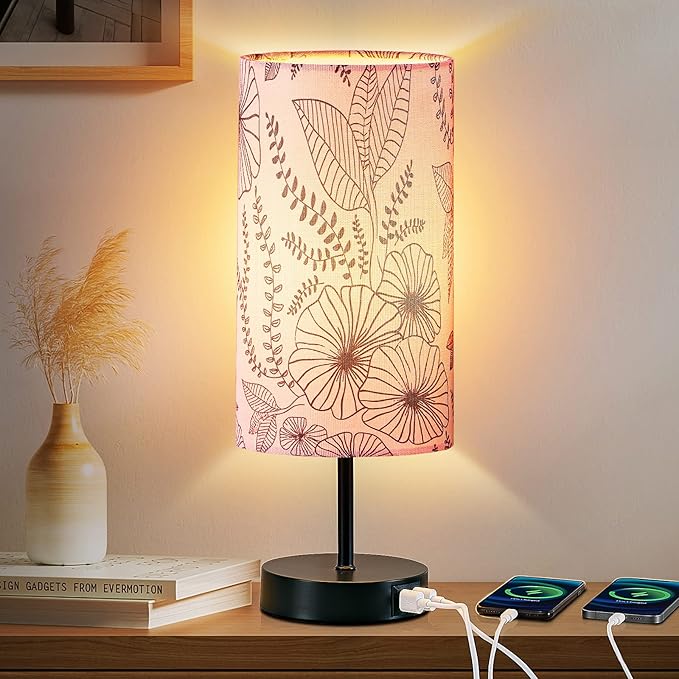 Touch Control Bedside Lamp with 2 USB Ports, 3-Way Dimmable Table lamp for Bedroom, Nightstand Lamp with Round Pink Flower Fabric Shade for Living Room Home Office (E26 LED Bulb Included) - Bloomnest